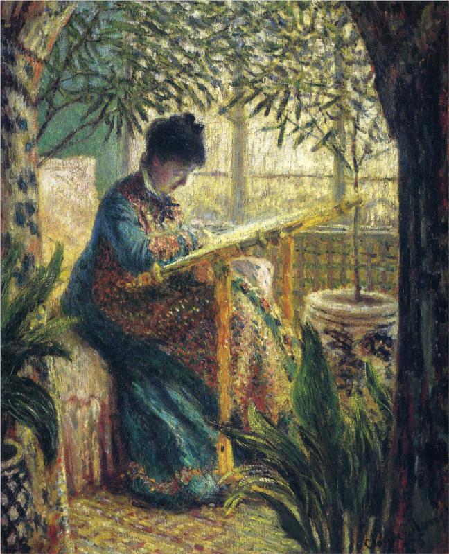Madame Monet Embroidering - Pierre-Auguste Renoir painting on canvas